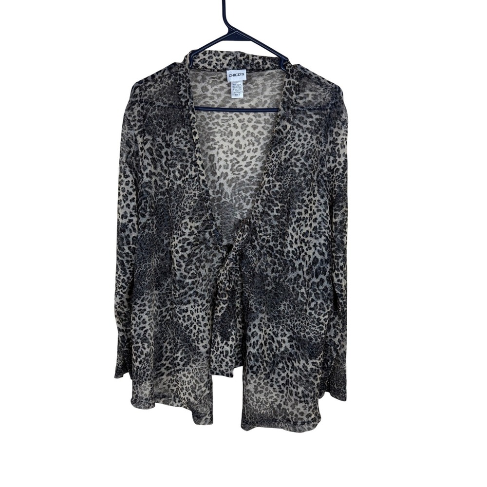 Chico's Metallic Leopard Print Sheer Mesh Tie Front Cardigan Gray Black Size XL